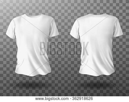 White T-shirt Mockup, Male T Shirt With Short Sleeves Vector Template Front Back View. Blank Apparel