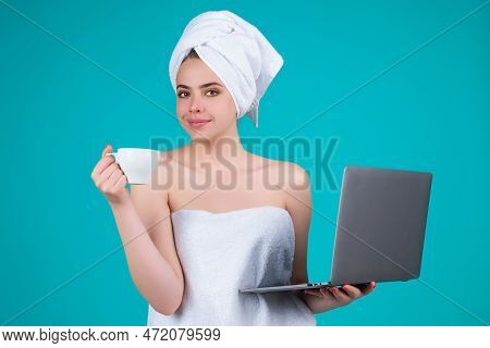 Business Woman With Towel On Head With Coffee Working On Laptop. Morning Coffee. Portrait Of Smiling