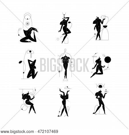 Contemporary Woman Silhouette Vector Illustration Set. Nude Female Body, Abstract Pose, Feminine Fig