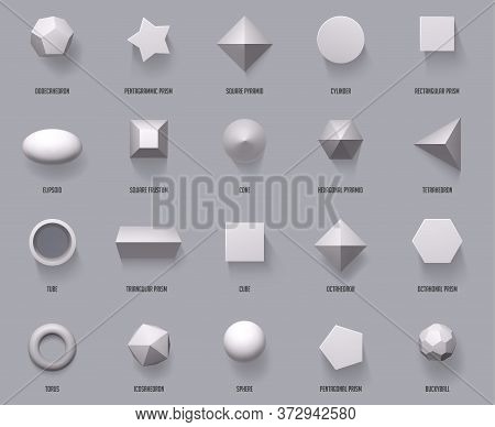 Hexagonal Realistic 3d Shapes. Basic Geometric Shapes, Math 3d Figure Forms Cube, Cylinder And Prism