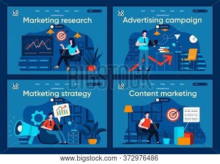 Marketing Research Flat Landing Pages Set. Marketers Analyze Data And Doing Presentation Scenes For 