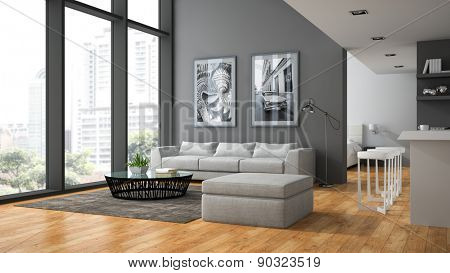 Interior of the modern design  loft with parquet floor 3D rendering 