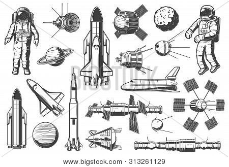 Space And Astronomy Isolated Monochrome Icons. Vector Spaceman Suit And Rocketship, Aircraft And Shu