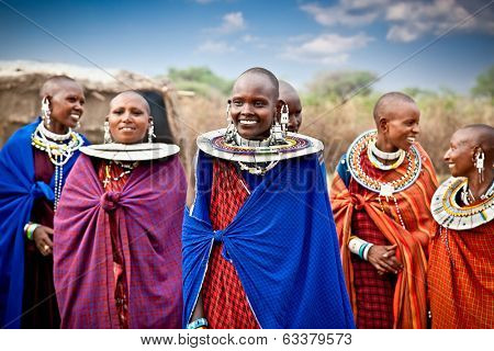 TANZANIA, AFRICA-FEBRUARY 9, 2014: Masai women with traditional  ornaments, review of daily life of local people on February 9, 2014. Tanzania.