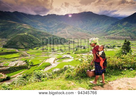 H'mong ethnic minority woman with her son in Mucangchai, Vietnam