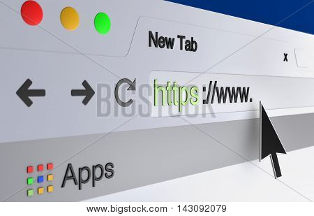 3D illustration- mouse arrow pointing the url in the web browser address bar