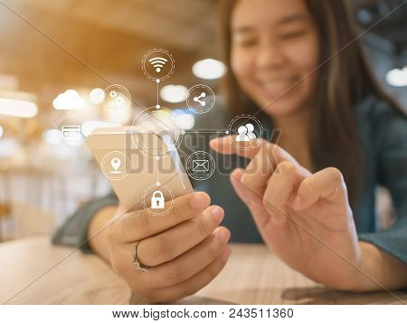 Woman Hand Using Mobile Phone With Virtual Icon Diagram. Application Connectivity Device Smartphone 