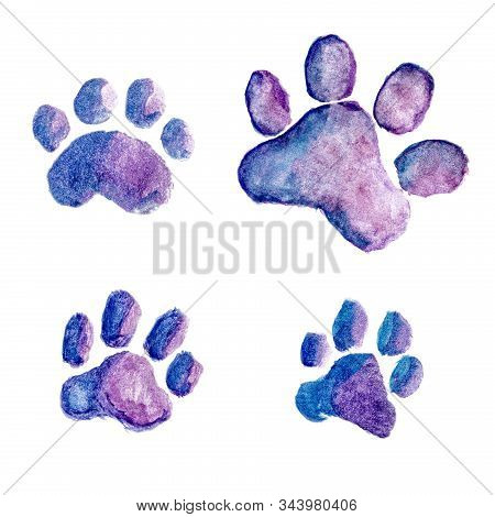 Four Blue-violet Watercolor Dog Or Cat Footprints Isolated On White Background. Hand-drawn Illustrat