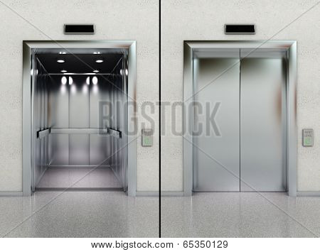 Two images of a modern elevator with opened and closed doors