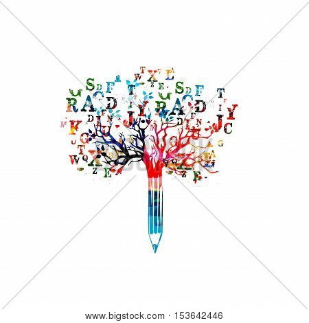 Colorful pencil tree vector illustration with font letters. Typeset design for news, creative writing, storytelling, blogging, education, book cover, article and website content writing, copywriting