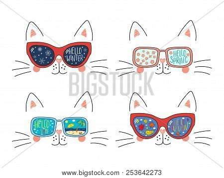 Set Of Cute Cat Faces In Sunglasses With Summer, Autumn, Winter, Spring Symbols Reflected, Text. Iso