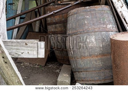 Old Wooden Barrels For Wine In The Backyard