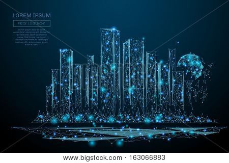 Abstract image of a Megalopolis in the form of a starry sky or space, consisting of points, lines, and shapes in the form of planets, stars and the universe. Big city vector wireframe concept