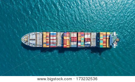 container ship in import export and business logistic.By crane Trade Port Shipping.cargo to harbor.Aerial view.Water transport.International.Shell Marine.Top view.