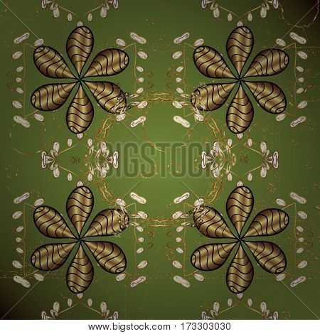 Vector Golden Textile Print. Pattern Oriental Ornament. Islamic Design. Golden Pattern On Green Back