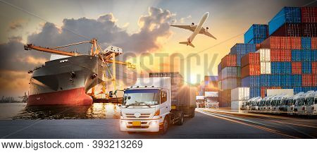 Container Truck In Ship Port For Business Logistics And Transportation Of Container Cargo Ship And C