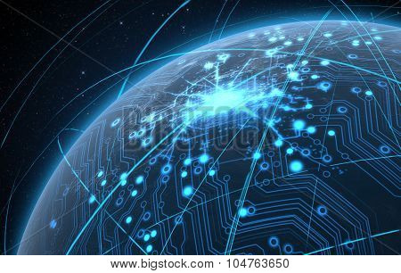 Planet With Illuminated Network And Light Trails