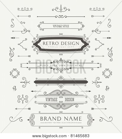 Set of Vintage Decorations Elements. Flourishes Calligraphic Ornaments and Frames. Retro Style Design Collection for Invitations, Banners, Posters, Placards, Badges and Logotypes.