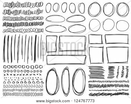 Doodle lines and curves vector. Set of simple doodle lines curves frames and spots. Pencil effect collection. Doodle borders. Set of simple doodles. Pencil effect sketch isolated on white.