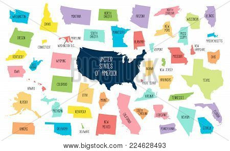 USA map with separated states. Colorful outlines of the 50 states with labels