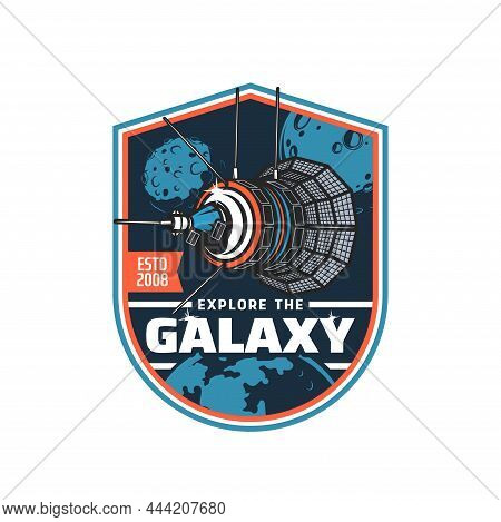 Telecommunication Space Satellite Icon, Galaxy Orbital Station Or Spaceship On Orbit, Vector Emblem.