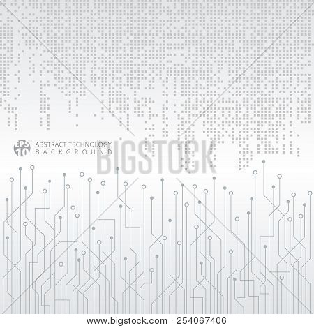 Abstract Technology Digital Data Gray Square Pattern With Circuit Board On White Background. Vector 