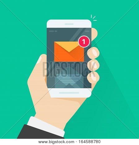 New email notification on mobile phone vector illustration, smartphone screen with new unread e-mail message and read mail envelope icons, inbox concept