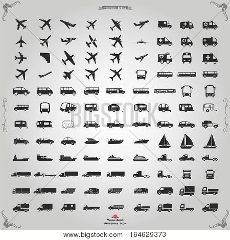 Transportation icons vector. Vector black Transportation icons set on gray.