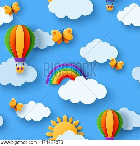 Seamless Pattern Beautiful Fluffy Clouds On Blue Sky Background With Summer Sun, Butterfly, Hot Air 