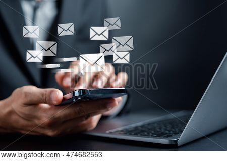 Businessman Sending Email By Laptop Computer To Customer, Business Contact And Communication, Email 