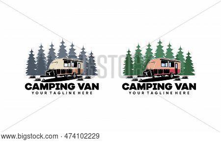 Set Of Rv Camper Van Classic Style Logo Vector Illustration, Perfect For Rv With Pine Forest