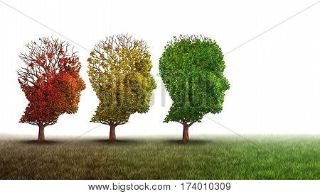 Dementia and mental health recovery treatment and Alzheimer brain memory disease therapy concept as old trees recovering as a neurology or psychology and psychiatry cure metaphor with 3D illustration elements on a white background.