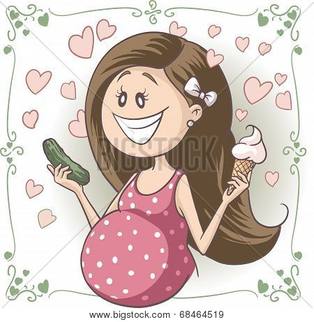 Pregnant Woman Craving Ice Cream and Pickle Vector Cartoon