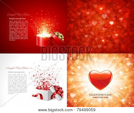 Set Happy Valentine's Day greetings cards vector background design. Valentine's day wishes, hearts, love symbols, bokeh light and gifts.