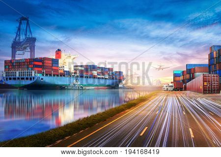 Logistics and transportation of International Container Cargo ship and cargo plane in the ocean at twilight sky Freight Transportation Shipping