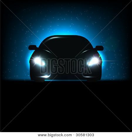 Silhouette of car with headlights on black background. Vector illustration