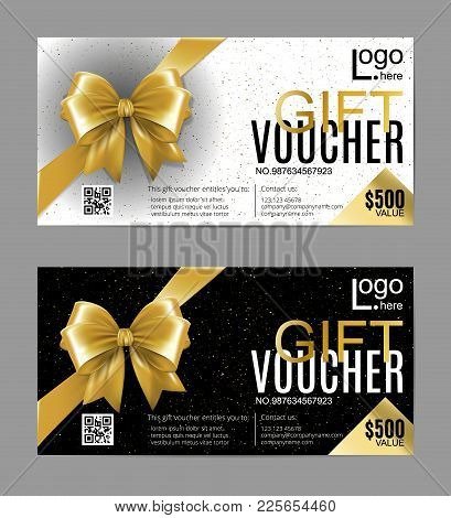 Vector Gift Card Or Voucher Template With Realistic Gold Bow Ribbon. Golden, Black And White Vip Hol