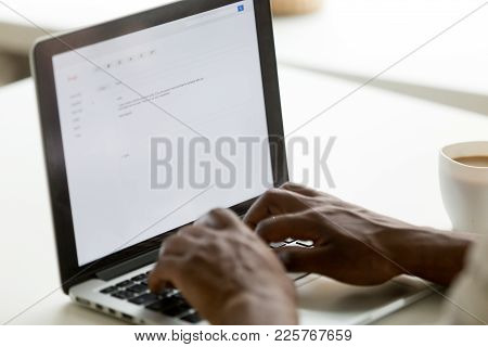 African Businessman Typing E-mail On Laptop Using Online Application Pc Software, Black Man Mailing 