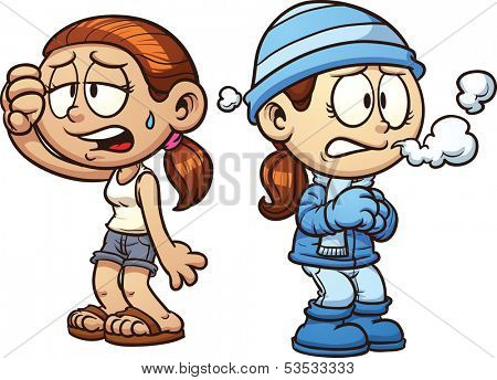 Warm and cold girls clip art. Vector cartoon illustration with simple gradients. Each on a separate layer.