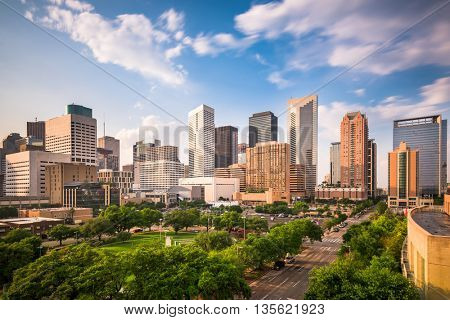 Houston, Texas, USA downtown city park and skyline.