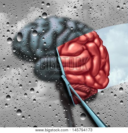 Dementia therapy and brain disease cure or mental health treatment concept as a blurry brain with drops on a window as a wiper cleans the confusion to a healthy thinking organ as a symbol for neurology or psychological help with 3D illustration elements.