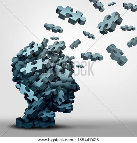 Dementia puzzle concept brain health problem symbol as a neurology and psychology icon as a a group of 3D illustration jigsaw pieces shaped as a human head as a mental health or memory loss disorder.