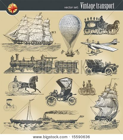 Vector set of vintage historical transport