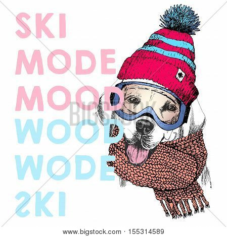 Vector poster with close up portrait of labrador retriever dog.Ski mode mood. Puppy beanie scarf and snow goggles.Hand drawn illustration.Use for sport shop resort ski-rent promotion print design.