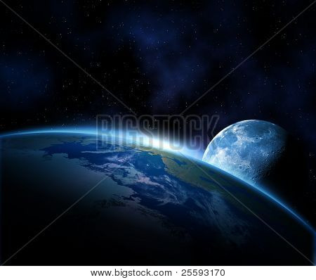 Planeta tierra con la salida del sol y la luna en el espacio