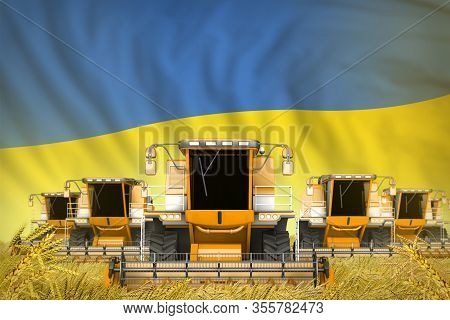 Industrial 3d Illustration Of Some Yellow Farming Combine Harvesters On Wheat Field With Ukraine Fla