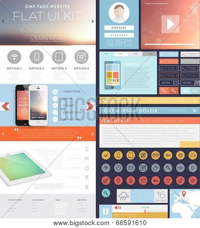 One Page Website Design Template with UI Elements kit, Flat Design Concept Icons and Blurred Smooth Backgrounds. Mobile Phones and Tablet PC Designs. Set of Forms and Buttons. Vector.