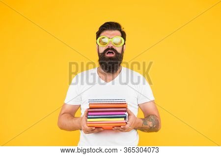 Too Much Work. Diary Of A Bachelor Life. Hipster Has Freaky Look. Back To School. Bearded Man In Fun