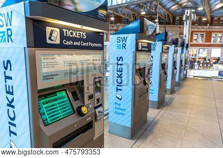 London, The United Kingdom - June 26, 2022: Self Service Tickets Machine At  Waterloo Train Station 