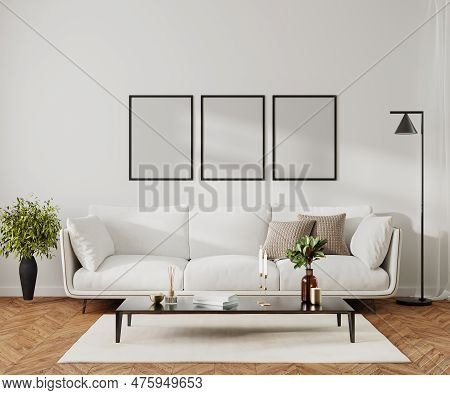 Poster Frame Mock Up In Modern Home Living Room Interior With White Sofa And Coffee Table With Decor